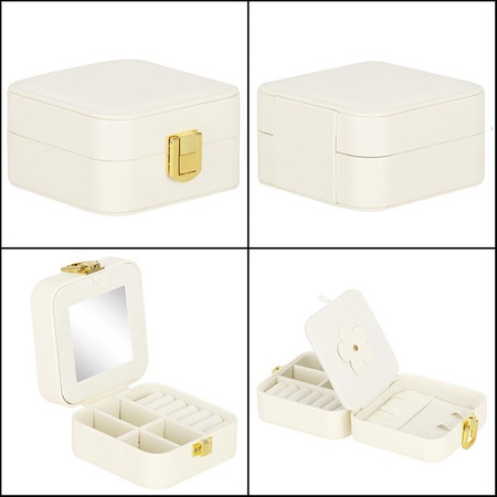 Kufer, szkatułka na biżuterię 10x10x5 cm kremowy z przegródkami ekoskóra