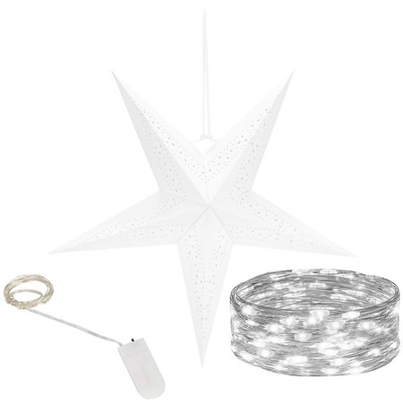Gwiazda świąteczna papierowa biała i lampki choinkowe led zimny biały