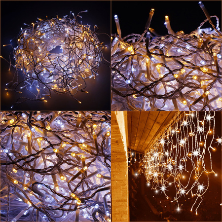 Kurtyna świetlna 300 led girlanda, lampki wewnętrzno-zewnętrzne sople biały ciepły + biały flash