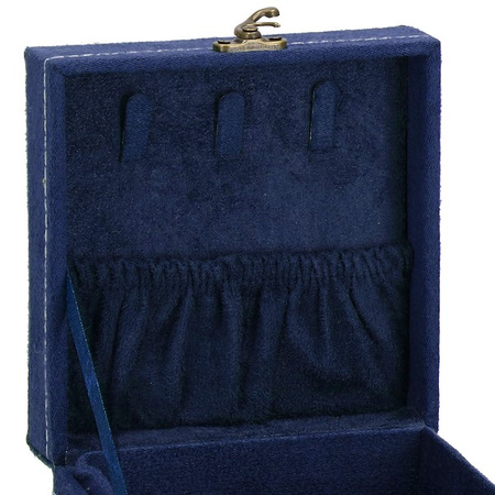 Kufer, szkatułka na biżuterię 12x12x12 cm granatowy z przegródkami welurowy