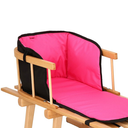 Sanki dla dzieci drewniane z oparciem i różowo-czarnym materacykiem