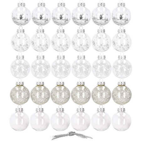 Bombki choinkowe przeźroczyste 30 szt. srebrny, złoty 7cm zestaw choinkowy