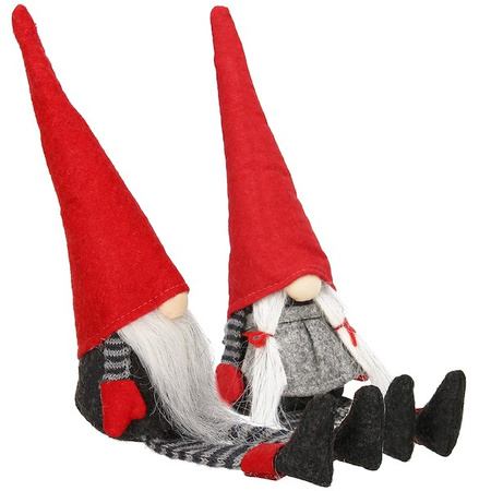Para skrzatów świątecznych 38cm krasnal, siedzący gnom czerwono-szara