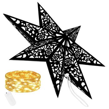 Gwiazda świąteczna papierowa czarna i lampki choinkowe 10 led ciepły biały
