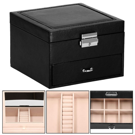 Kufer, szkatułka na biżuterię ekoskóra 16x16x11 cm czarny z szufladą i lusterkiem