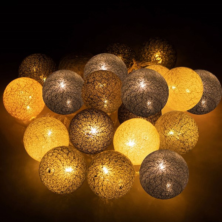 Cotton balls 20 led lampki dekoracyjne 6cm girlanda na baterie szaro-białe