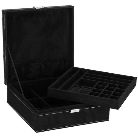 Kuferek, szkatułka na biżuterię 26x26x9 cm czarny, welurowy organizer z przegródkami