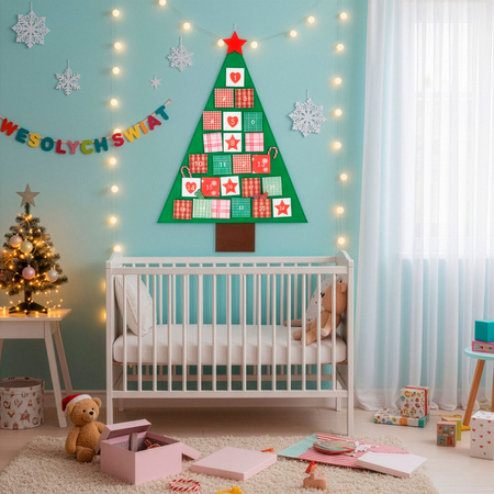 Kalendarz adwentowy Choinka 102 cm dekoracja świąteczna na ścianę filc, multikolor