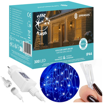 Kurtyna świetlna 300 led girlanda, lampki wewnętrzno-zewnętrzne 14,5 m sople niebieski z zimnym białym flash