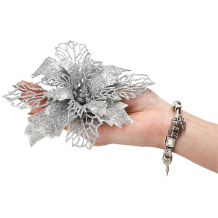 Gwiazda betlejemska, sztuczny kwiat, poinsecja ażurowa srebrna z brokatem