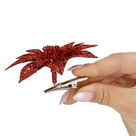 Gwiazda betlejemska, sztuczny kwiat, poinsecja ażurowa, czerwona z brokatem na klipsie