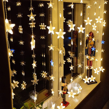 Kurtyna świetlna 180 led girlanda gwiazdki, lampki wewnętrzno-zewnętrzne sople ciepły biały + zimny biały flash