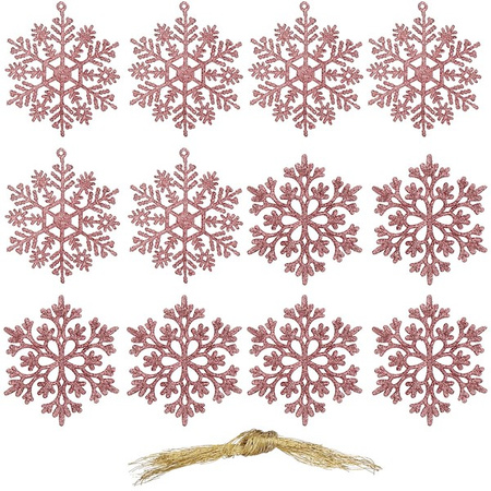 Zawieszka choinkowa 12 szt. śnieżynka 10 cm świąteczna ozdoba różowy brokat