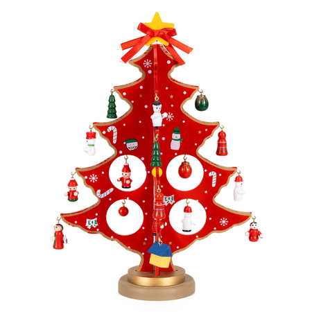 Choinka z drewna z figurkami 29 cm świąteczna dekoracja bożonarodzeniowa czerwona