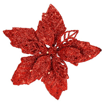 Gwiazda betlejemska, sztuczny kwiat poinsecja 13 cm czerwony z brokatem