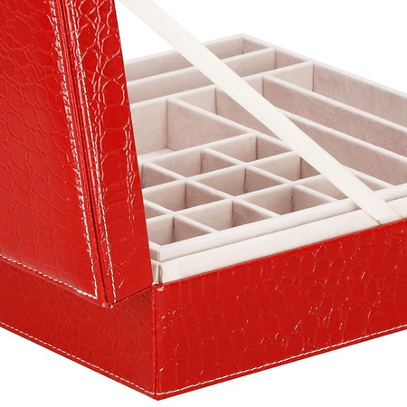 Kufer, szkatułka na biżuterię ekoskóra 26x26x8,5 cm czerwony z przegródkami