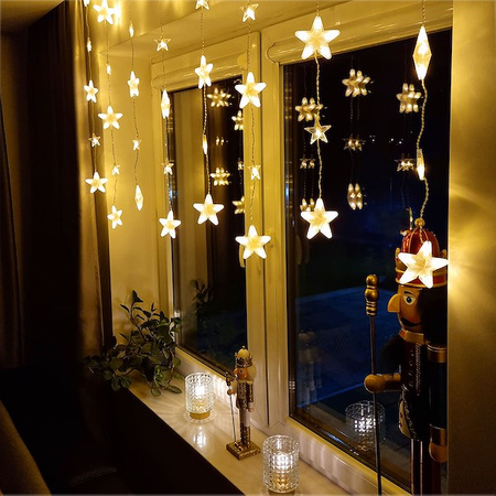 Kurtyna świetlna z pilotem 136 led girlanda gwiazdki, lampki wewnętrzno-zewnętrzne sople ciepły biały