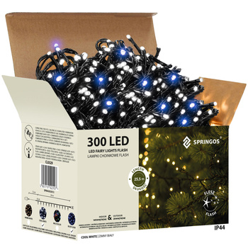 Lampki choinkowe 300 led zimny biały, flash niebieski 25,5 m oświetlenie świąteczne IP44