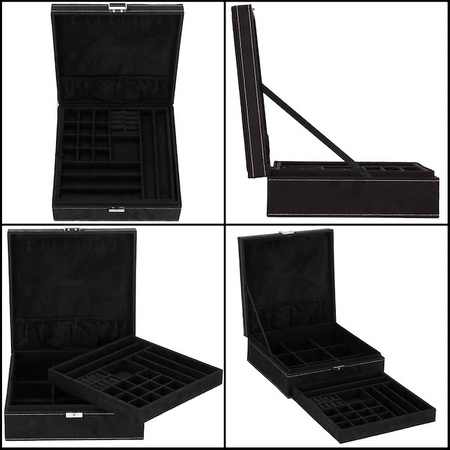 Kuferek, szkatułka na biżuterię 26x26x9 cm czarny, welurowy organizer z przegródkami