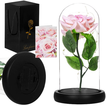Wieczna róża w szklanym kloszu 22 cm świecąca dekoracja LED sztuczny kwiat różowy