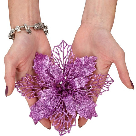 Gwiazda betlejemska, sztuczny kwiat, poinsecja ażurowa fioletowa z brokatem