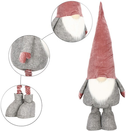 Skrzat 80-120 cm welurowy krasnal świąteczny, gnom różowy na teleskopowych nóżkach