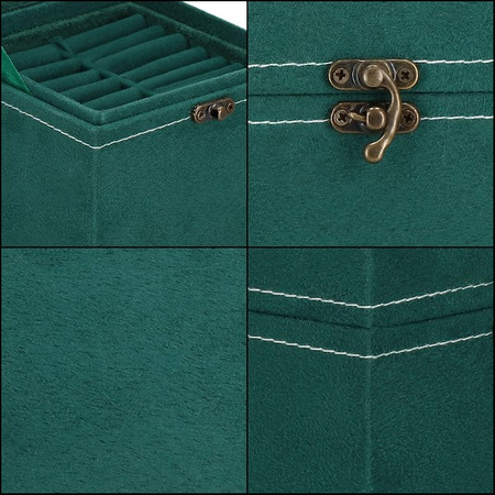 Kuferek, szkatułka na biżuterię 12x12x12 cm zielony welurowy organizer z przegródkami