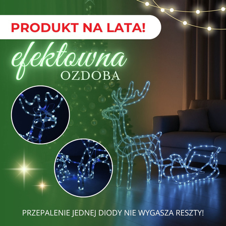 Renifer Led świąteczny z saniami 210 cm świetlna dekoracja biały zimny niebieski flash