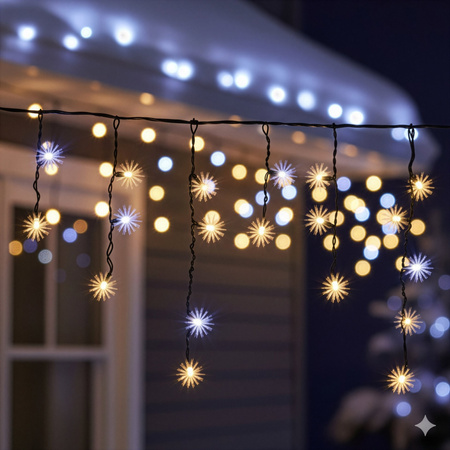 Lampki zewnętrzne 2,5m PRO 50 LED kurtyna świetlna, sople IP65 ciepły biały + zimny biały flash, pilot z funkcją timer