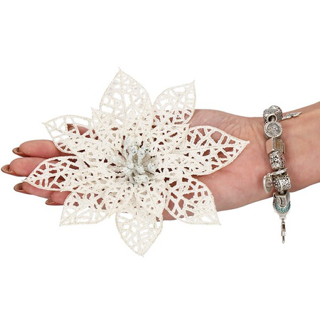 Gwiazda betlejemska, sztuczny kwiat, poinsecja ażurowa, biała z brokatem na klipsie