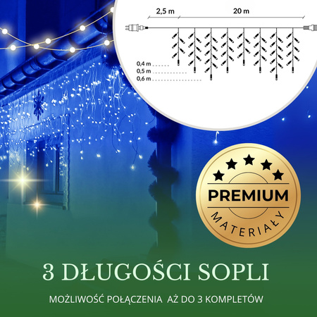 Kurtyna świetlna 500 led girlanda, lampki wewnętrzno-zewnętrzne sople niebieski z zimnym białym flash