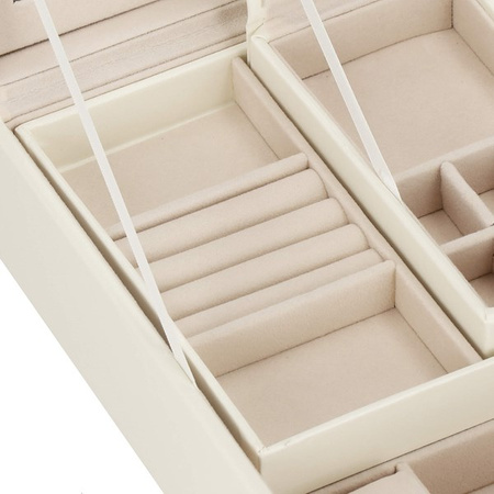 Kuferr, szkatułka na biżuterię ekoskóra 25x25x8,5 cm kremowy z przegródkami