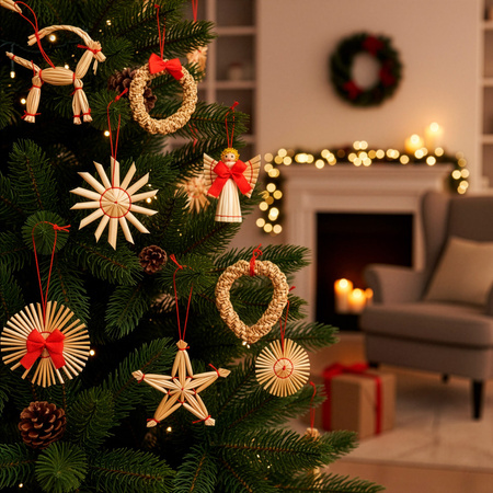 Zawieszki choinkowe ze słomy, naturalne dekoracje świąteczne 27 szt. bombki, brązowe