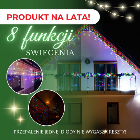 Kurtyna świetlna 1500 led girlanda, lampki wewnętrzno-zewnętrzne 67,5 m sople multikolor