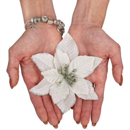 Gwiazda betlejemska 2 szt. sztuczny kwiat poinsecja srebrna z brokatem, na klipsie