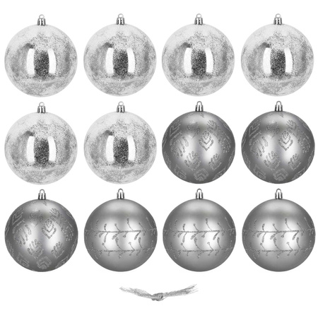 Srebrne bombki choinkowe 11 cm 12 szt. komplet dekoracje świąteczne zdobione