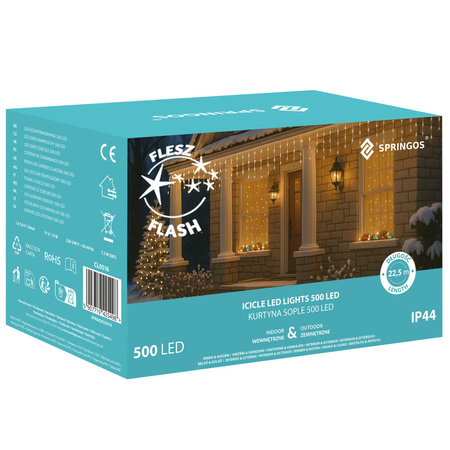 Kurtyna świetlna 500 led girlanda, lampki wewnętrzno-zewnętrzne sople zimny biały z flash