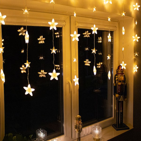 Kurtyna świetlna z pilotem 136 led girlanda gwiazdki, lampki wewnętrzno-zewnętrzne sople ciepły biały