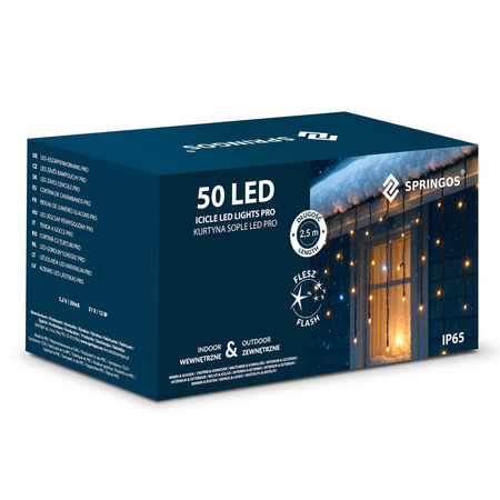 Kurtyna świetlna 50 Led lampki choinkowe sople 2,5 m zimny biały + zimny biały flash