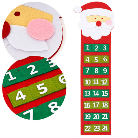 Kalendarz adwentowy, świąteczny 24 przegródki, dekoracja na ścianę, Mikołaj, filc, multikolor