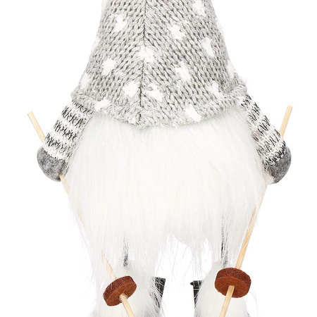 Skrzat na nartach 34 cm ozdoba świąteczna, ruchomy krasnal świąteczny, gnom szary