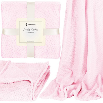 Narzuta na łóżko koc 70x160 cm pled jasnoróżowy dwustronny, tłoczony na kanapę zygzak