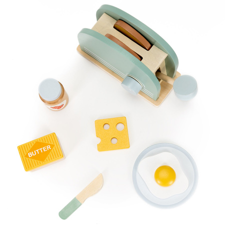 Toster drewniany z akcesoriami śniadaniowymi 9 el. zabawka dla dzieci, multikolor