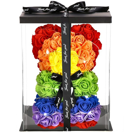 Podświetlany miś z róż 25 cm kolorowy, LED zimny biały