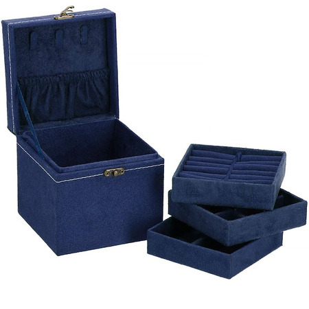 Kufer, szkatułka na biżuterię 12x12x12 cm granatowy z przegródkami welurowy