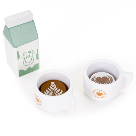 Ekspres do kawy z filiżankami, mała kawiarenka, zestaw dla baristy, drewniany 8 el. multikolor