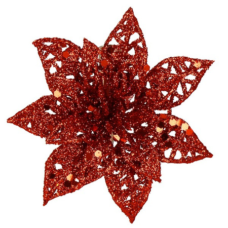 Gwiazda betlejemska 2 szt. sztuczny kwiat, poinsecja ażurowa, czerwona z brokatem na klipsie