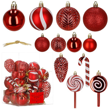 Bombki choinkowe 40 szt. okrągłe, lizaki, szyszki, laski cukrowe nietłukące ozdoby czerwone