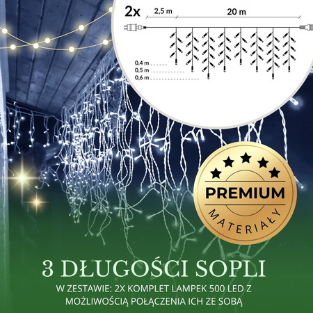 Kurtyna świetlna 1000 led girlanda, lampki wewnętrzno-zewnętrzne sople zimny biały