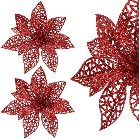 Gwiazda betlejemska 2 szt. sztuczny kwiat, poinsecja ażurowa, czerwona z brokatem na klipsie